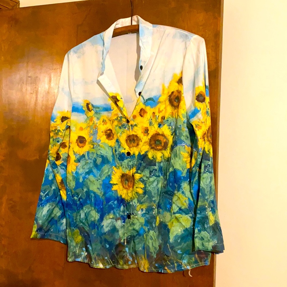 Sunflower button-up blouse, banded collar